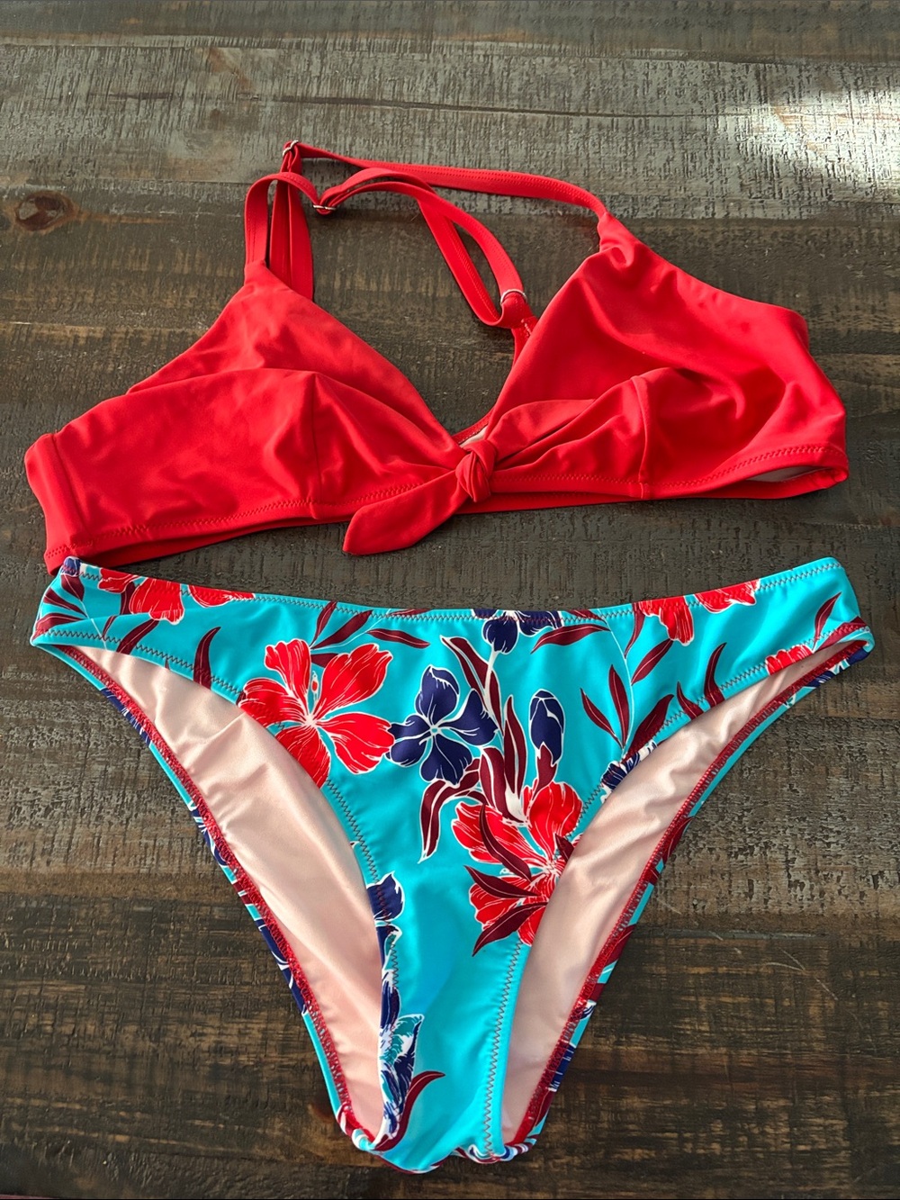 Cupshe Two-Piece Floral Bikini Set - Red Top & Aqua Floral Bottom